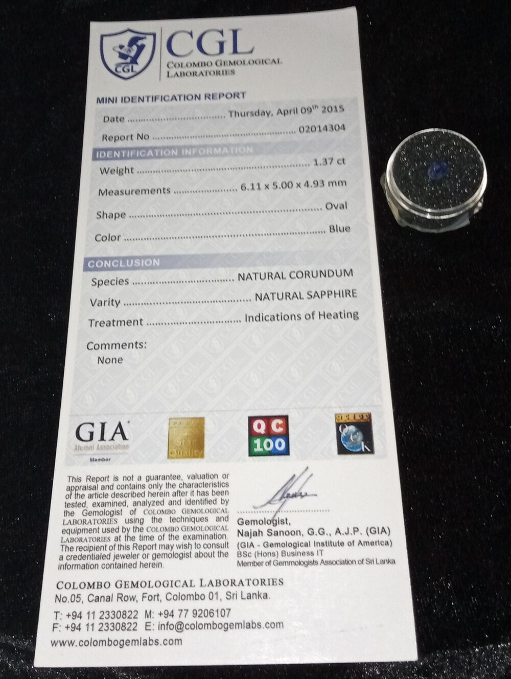CGL Certified Heat Only 1.37ct Oval Blue Sapphire - Picture 7 of 11